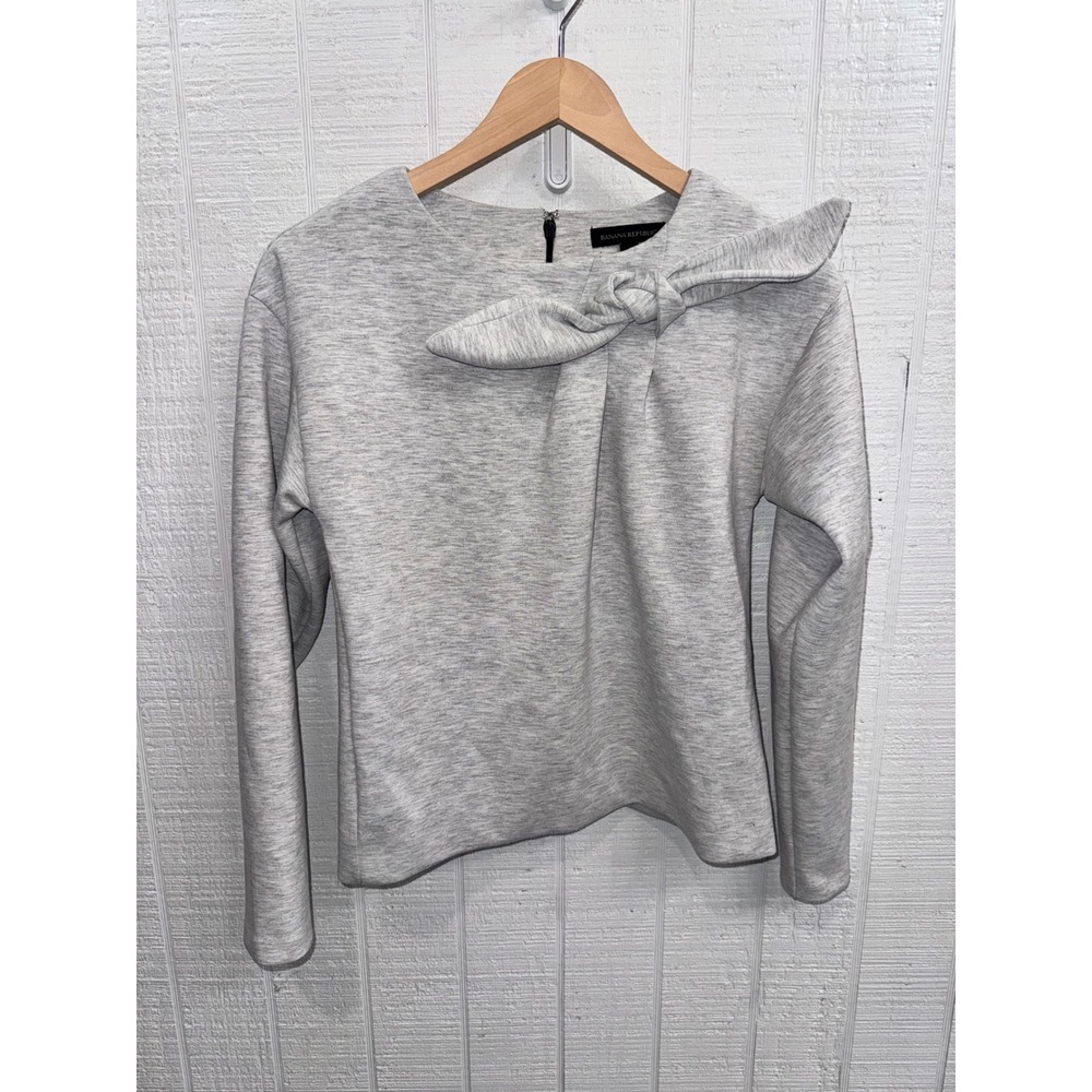 Banana Republic Knit Top Women Light Gray Bow Detail Long Sleeve XS